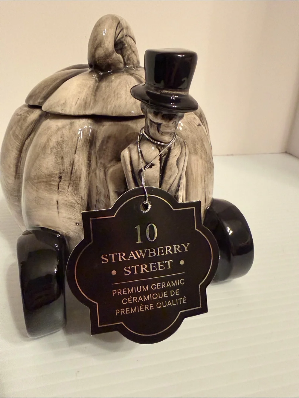 10 Strawberry St. Gray Halloween Stagecoach With Skeleton Cookie/Candy Jar NWT